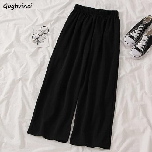 Casual Pants Women Spring Solid 3XL Simple All-match Ankle-length Elastic Waist Students Harajuku Korean Style Wide Leg Trousers