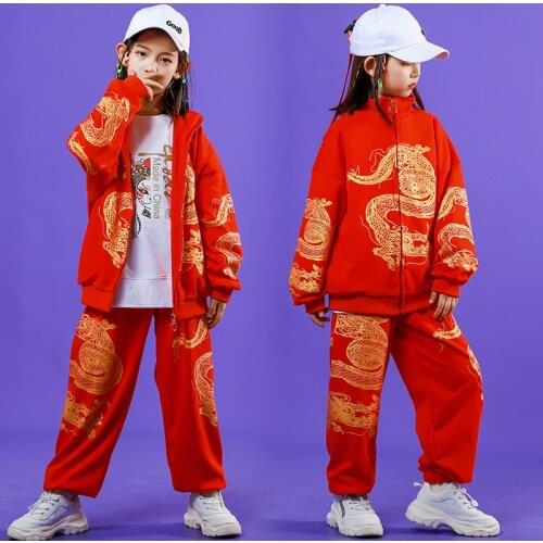 Kid Red Chinese Dragon Style Hip Hop Clothing Loose Jacket Top Pants for Girls Boys Dance Martial Costume Clothes Street Wear