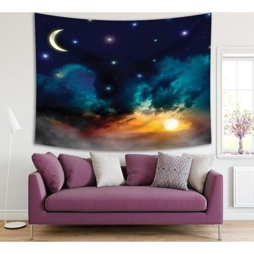 Tapestry Starry Sky with New Moon at Sunrise over the Ocean Reflection on Water Magical Foggy Scenery Navy Blue Yellow