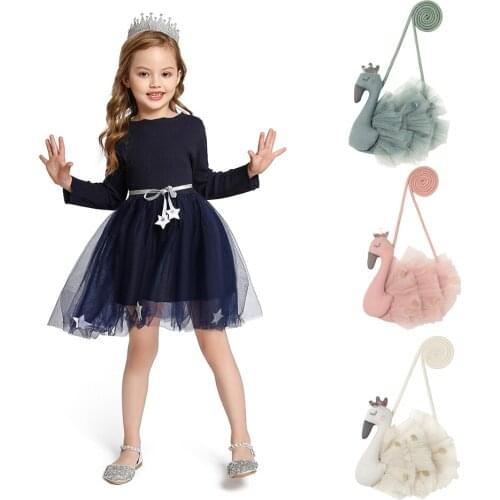 Girl Cotton Tulle Long Sleeves Dress with Star Belt Navy Blue Pink Yellow Screw Thread Spring Princess Dress for Kids Swan Bag