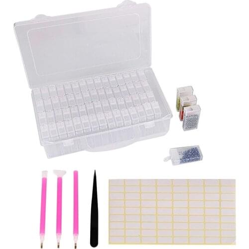 64 Grid Diamond Painting Drill Storage Container, Beads Organizer Storage Case with Label and 1Tweezers and 3 Diamond Stitch pen