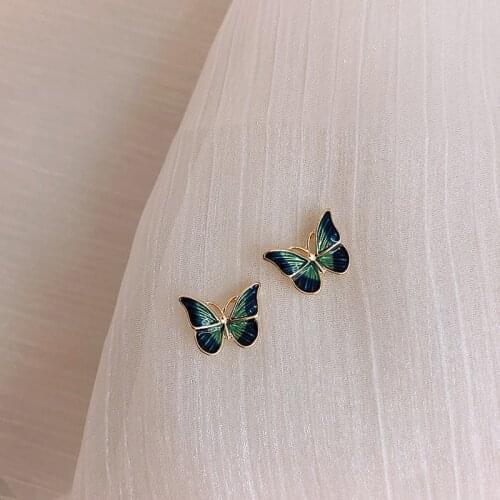 Korea New Fashion Butterfly Jewelry Earrings Petite Cute Alloy Drop Oil Green Butterfly stud Earrings for women gift