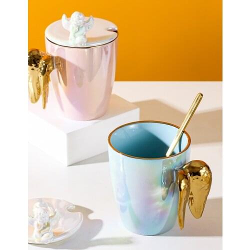Creative-ceramic mug couple cup ins Nordic personality coffee cup water cup with lid spoon kawaii pink cup angel wings mug