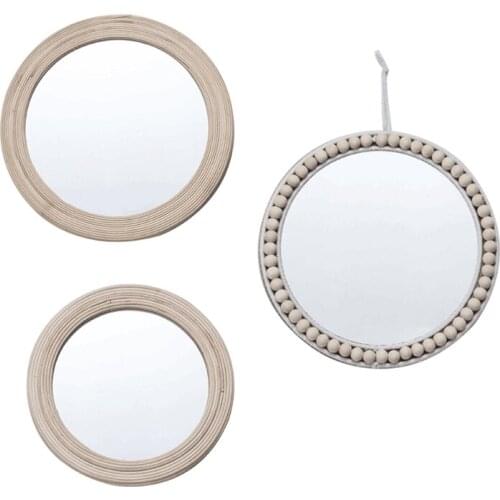 Rattan Round Wall Hanging Mirror Bohemian Macrame Wooden BeadsCircle Makeup Mirror Tapestry Home Bedroom Art Decor