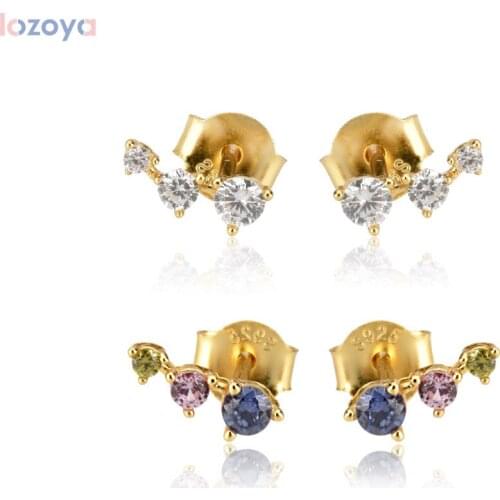 Lozoya 925 Sterling Silver Clip Pendiente Luxury Gold Three Zircon Line Stud Earring CZ Rainbow Piercing Pendiente Jewelry