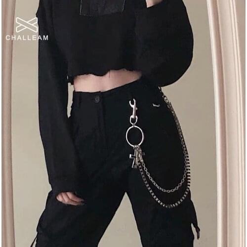 Men Trousers Pant Chain Belt Unisex Hip Hop Metal Rock Punk Jeans Silver Trendy Cross Leaves Key Chain On Pant 332