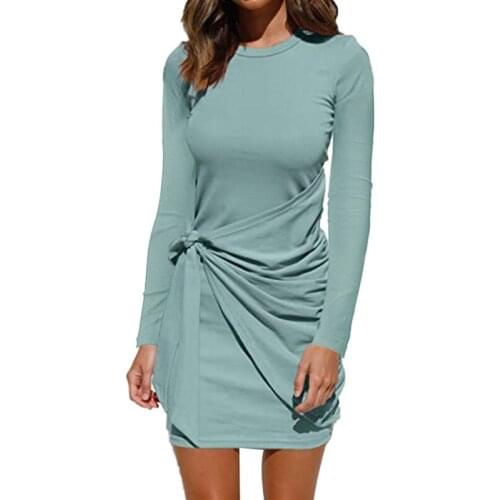 Autumn Asymmetrical Design Short Skirt Female Casual Pleated Bow Tie Long-sleeved Slim Fashion Casual Commuter Bottoming Dress