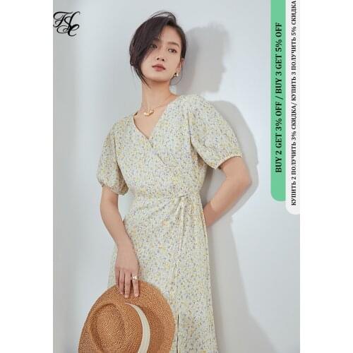 FANSILANEN Office Ladies V-neck Chiffon Floral Dress Women Summer 2021 New French Sweet High Waist Short Sleeved Skirt