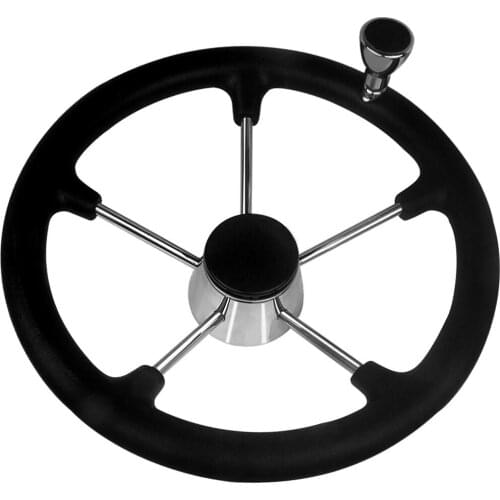 5 Spokes Boat Steering Wheel, Stainless Steel Marine Wheel Black Foam Grip with Knob, Black, 25 Degree Dish
