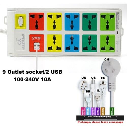 100~240v 10A Surge Protected 9 Outlet & 2 USB Charging Port power strip with AU EU US Socket Type