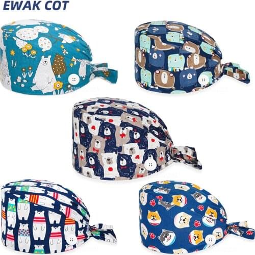 Cute Nurse Doctor Working Surgical Cap Long Hair Hat Ponytail Tie Back Hats Bear Printed Unisex Scrub Caps with Button