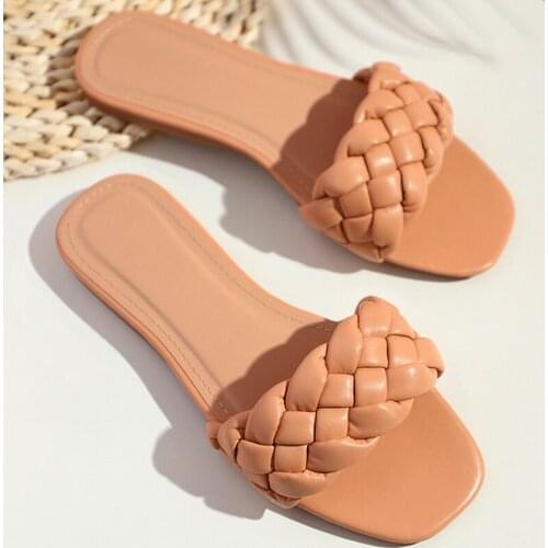 Summer Slippers Ladies Square Toe Sandals Slipper Casual Beach Women Weave Flat Shoes Female Slip On Shoe Flip Flops