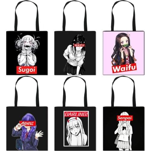 Waifu / Sugoi Senpai Print Tote Bags Women Handbag Anime Shoulder Bags for Travel Ladies Big Capacity Shopping Bag