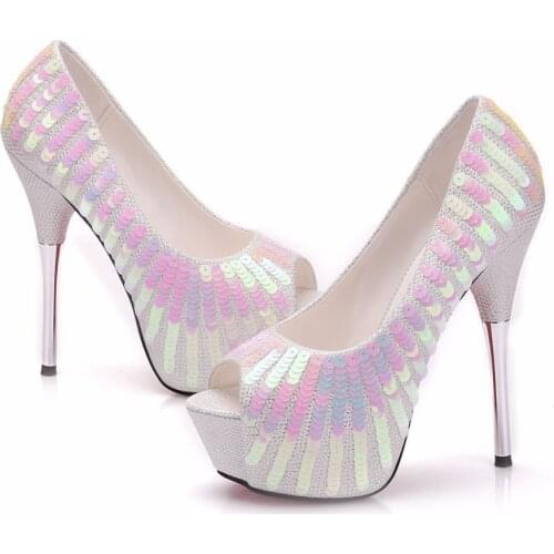 Women Shoes Fashion Shallow Peep Toe Thin High Heels 14CM Pumps Wedding Party Shoes Women Platform Glitter Bling Stiletto Pumps