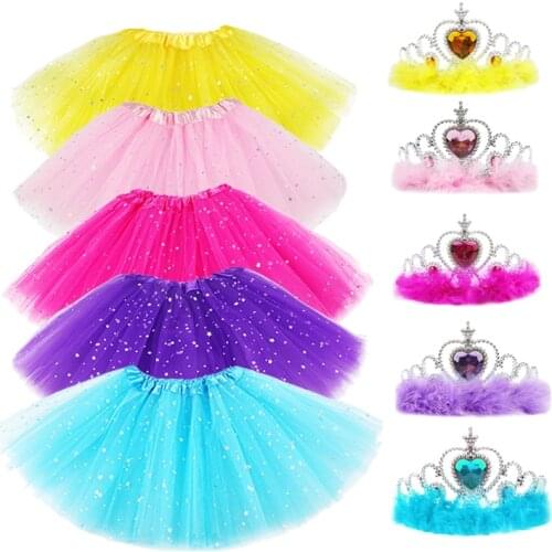 2PCS/Set Baby Girls Sparkle Tutu Skirt with Furry Crown Headband Children Tulle Skirts and Headwear for Birthday Party