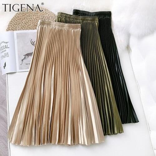TIGENA Metal Color Satin Long Pleated Skirt Women 2021 Spring Summer Vintage Aesthetic High Waist Mid-length Skirt Female Lady