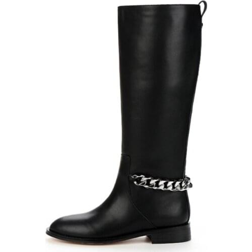 2018 Genuine Leather Over The Knee Boots Woman Round Toe Silver Chain Low Heels Long Boots Women Fashion Knight Slip On Boots