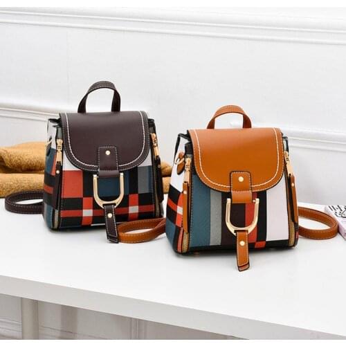 Women Faux Leather Color Block Plaid Mini Backpack Crossbody Shoulder Bag Handbag Quality Vintage Leather Preppy Female Backpack