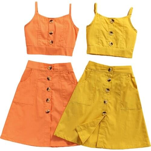 1-7 Years sleeveless sets Girls 2021s Summer Two Piece Set Fresh Solid Color Suspender Tops and Button A-line Mid-length Skirt
