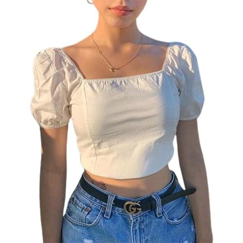 2021 New Women’s Sexy Solid Color Crop Tops, Square Neck Puff Sleeve Wrap Bustier Open Back Blouses