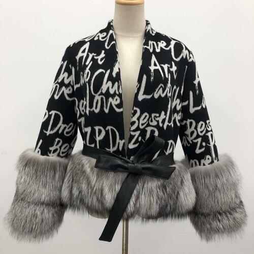 Women Letter Printing Fashion Cashmere Coat Winter Warm Short Wool Overcoat Fox Fur At Hem Cuff Woolen Outwear