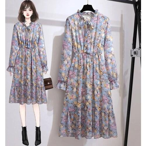 Ruffled Bow Neck Long-sleeved Dress In The Fall Of 2021 New Mid-length Floral Chiffon Casual Fashion Dresses Women