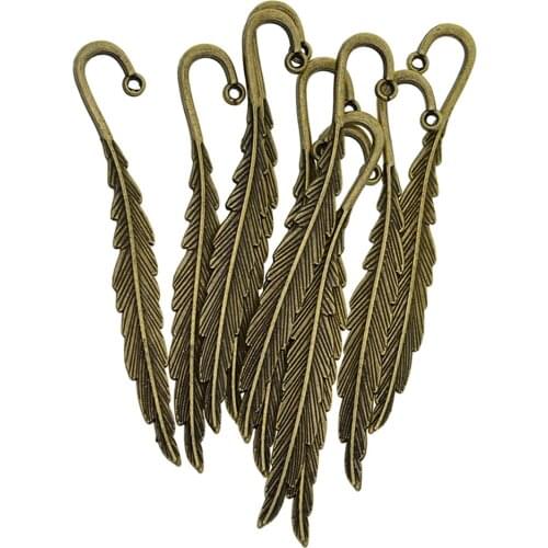 10x Retro Antique Bronze/Gold Feather Bookmark Hooks Beading Book Marks Jewelry Making Findings DIY Pendant Necklace Craft 81mm