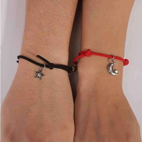 2Pcs/Set Star Moon Magnetic Couple Bracelet Sets for Men Women Handmade Rope Chain Friendship Wrist Bracelet Adjustable Jewelry