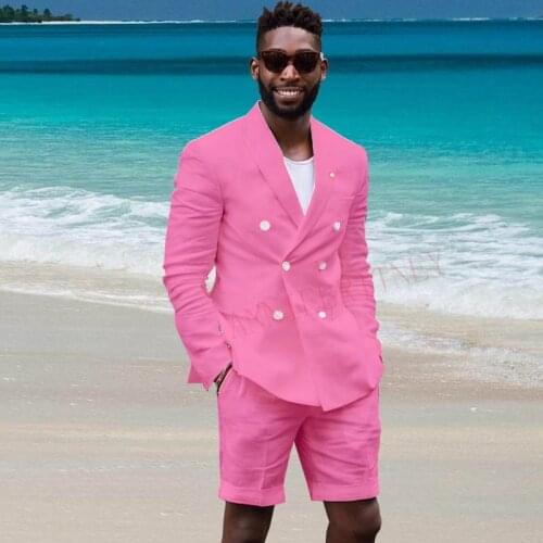 2020 Double Breasted Pink Linen Men Suit With Shorts Summer Prom Wedding Beach Suits For Men Slim fit Groom Tuxedo Jacket Pants