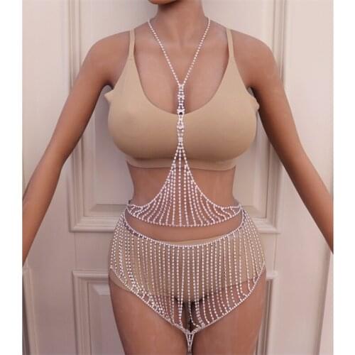 2021 Unique Luxury Tassel Crystal Bodysuit Lingerine Jewelry for Women Shining Sexy Full Rhinestone Body Harness Chain Nightclub