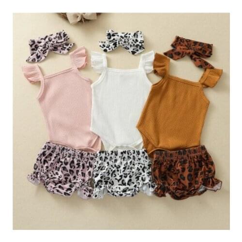 3Pcs Baby Summer Outfits Pure Color Ruffle Sleeves Romper + Leopard Print Shorts + Hairband for Toddler Girls 0-18 Months