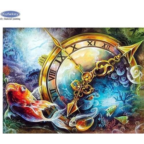 Full drill diamond painting Clock goldfish cross stitch kit needlework diamond embroidery Fantasy home decor hobbies and crafts