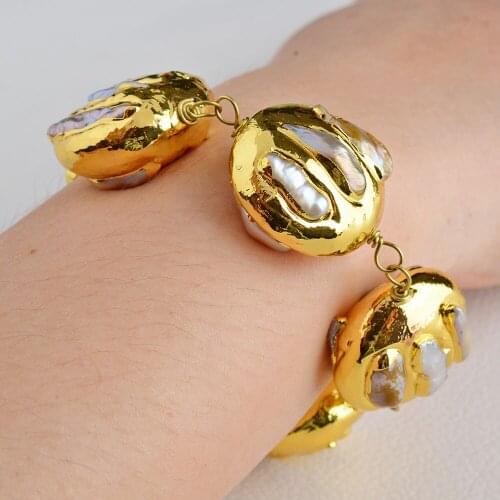 8.5" White Keshi Pearl Yellow Gold Plated Bracelet