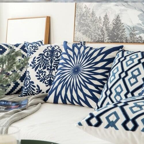 DUNXDECO Cushion Cover Decorative Pillow Case Chinese Style Blue Geometric Cotton Thread Embroidery Artistic Sofa Chair Coussin