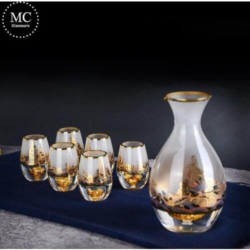 Palace Golden Foil Bottle Wine Cup Wine Set, Classical Small Bottle Small Altar Glass Wine Cup and Mixer Set