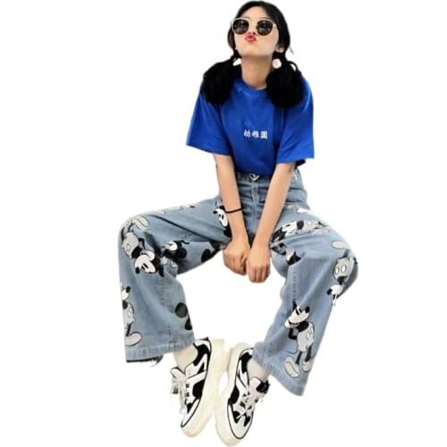 Disney Mickey Mouse Cartoon Loose Womens Jeans Print Light Color 2021 Spring/Summer High Waist Straight Wide Leg Casual Jeans