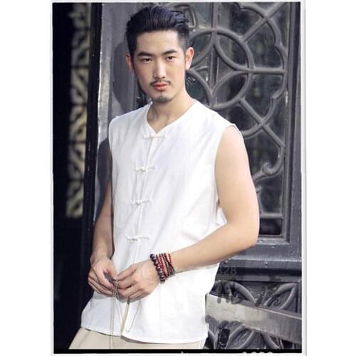 Chinese Tang Suit Top Sleeveless Vest Traditional Chinese Clothing for Men Cotton Buckle Manual V Neck Casual Kung Fu Outfits