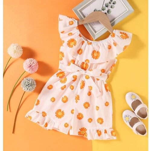 Toddler Girl Summer Casual Sleeveless Jumpsuit Daisy Printed Ruffles Bandage One-piece Rompers Short Pants Children Outwear