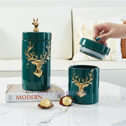 Creativity Ceramics Storage Jar Golden Deer Head Desktop Storage Organization Tea Candy Tin Modern Home Decoration candy jar