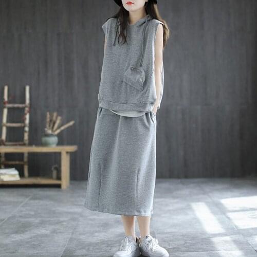 Micro-Elastic Cotton Waistcoat Skirt Suit Womens Sports Casual Sleeveless Pocket Vest Tank Tops Skirt Two Piece Tracksuit zh874