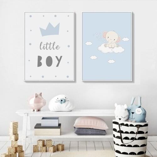 Sweet Cartoon Blue Happy Little Elephant Nursery Decor Baby Wall Art Canvas Painting Poster Print Picture Gift Home Decor
