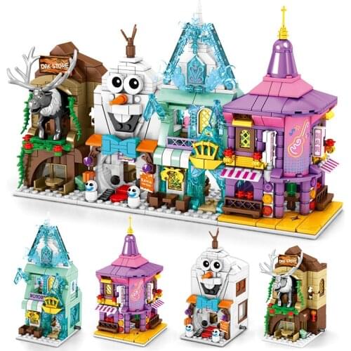 NEW 4 IN 1 Princess Frozeninglys Shop Store Street Building Blocks Kit Bricks Classic Movie Model Kids Friends Toys For Children