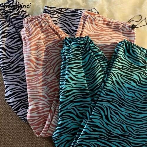 Striped Women Casual Pants Elastic Waist Empire Straight Streetwear Zebra Pattern Wide Leg Trousers Bundle Feet Harajuku Ulzzang