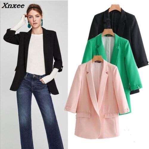 Casual loose women blazer pearl buttons three-quarter sleeves blazer with pockets women jackets formal coat outwear Xnxee