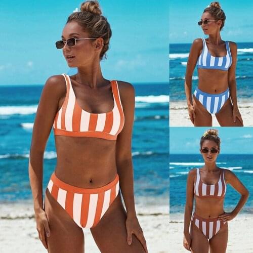 Split Swimsuit Bikini High Waist Sexy Round Neck Sleeveless Striped Bikini Set Swimwear