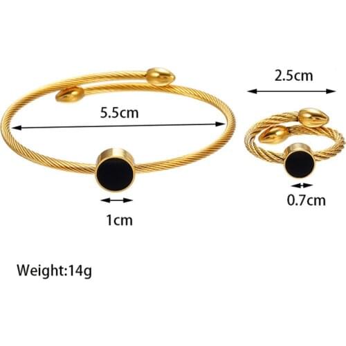 Luxury Jewelry Round Stainless Steel Charms In Gold Color Frame Open Cuff Bangle Ring Jewelry Set For Unisex