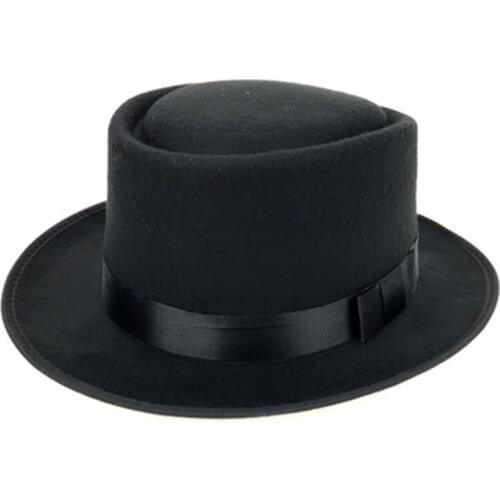 Mens woolen top hat, jazz hat, summer sun hat, womens British retro flat top Panama hat stage performance hat