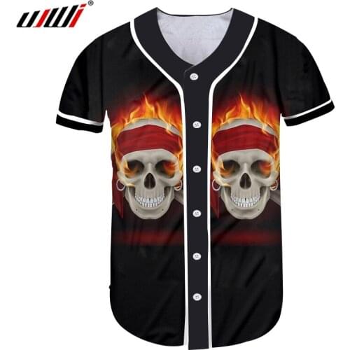 UJWI Man Harajuku Loose Baseball Shirt 3D Red Flame Skulls Mens Favorite Tshirt Suppliers Casual Best Selling T-Shirt