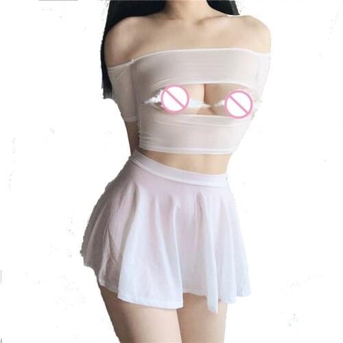 Ice Silk A-Line Pleated Skirt Corselet Ruffled Skirt Club Wear Sheer See Through Hollow Out Bare Breast Shirtfront Fun Lingerie