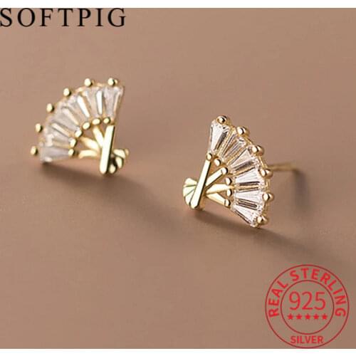 Real 925 Sterling Silver Zircon Sector Stud Earrings For Fashion Women Party punk Fine Jewelry Minimalist Accessories